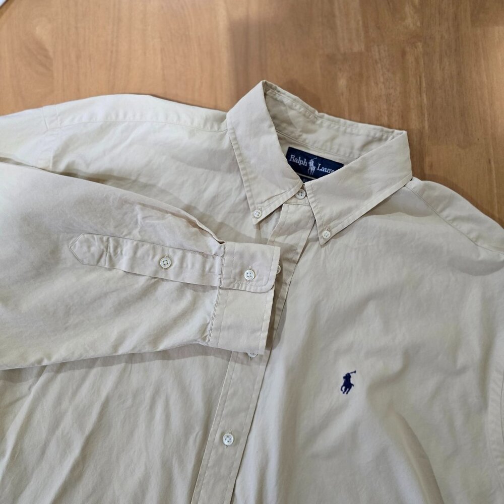 Ralph Lauren Men's Blake Two-Ply Cotton Button Down Shirt Beige Blue Logo XL